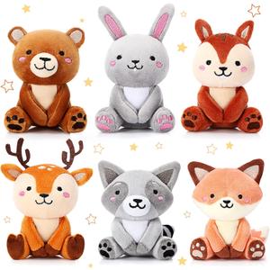 Aoriher 6 Pcs Mini Woodland Animals Stuffed Gift 4 Inch Cute Bear Rabbit Squirrel Raccoon Stuffed Keychain for Shower Birthday Party Centerpiece Decor(Regular Style)