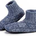 LEMZONE Mens Fuzzy Slipper Socks with Grippers, Winter Warm Sherpa Lined Indoor House Shoes Christmas Gifts for Dad Husband Boyfriend (Size 11-13, Grey Blue)