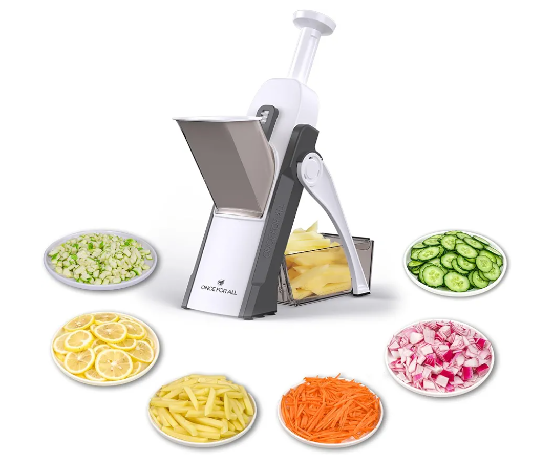 ONCE FOR ALL Safe Mandoline Slicer 5 in 1 Vegetable Chopper Food Potato Cutter, Strips Julienne Dicer Adjustable Thickness 0.1-8 mm Kitchen Chopping Artifact Fast Meal Prep (Gray)