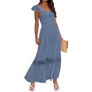 ZESICA Women's 2025 Summer Lace Strap Sleeveless Square Neck Smocked High Waist Ruffle Hollow Out Flowy A Line Maxi Dress, Dustyblue, XX-Large