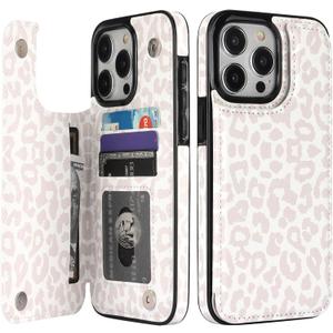 HAOPINSH for iPhone 15 Pro Max Case Wallet with Card Holder, White Leopard Cheetah Pattern Back Flip Folio PU Leather Kickstand Card Slots Case for Women Girls, Double Magnetic Clasp Cover 6.7"