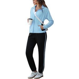 Marvmys Color Block Tracksuit for Women 2 Piece Outfits Fall Sweatsuits Zip Up Jogging Suit Long Sleeve Jogger Lounge Sets (Large, Sky Blue)