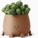 TOPOLA Happy Face Planter, 5.2 Inches Plastic Plant Pot, Self Watering Plant Pot with Drainage Holes for Indoor Outdoor, Succulent Pot, Funny Flower Pot, Khaki
