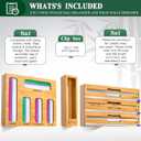 Calmbee 9 in 1 Bamboo Storage Bag Organizer for Kitchen Drawer – Plastic Wrap Dispenser with Cutter & Foil Organizer, Wooden Baggie Organizer for Sandwich, Snack, Gallon, Quart Sizes, Natural