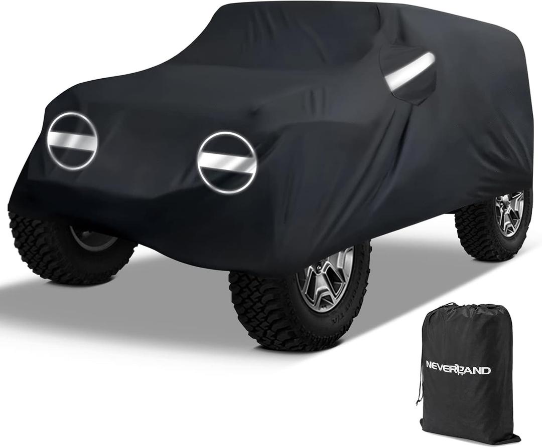 NEVERLAND Car Covers for Jeep Wrangler 4 Door Waterproof Car Covers,All Weather Protection Jeep Sun Rain Protection for Wrangler 4 Door Fits JK JL JLU JKU 2007-2025 Outdoor Covers Black