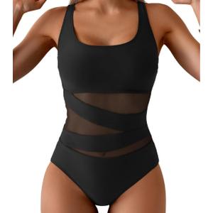 B2prity Women's Mesh One Piece Swimsuit Tummy Control Sexy Bathing Suit Push Up Swim Suit Slimming Swimwear,M