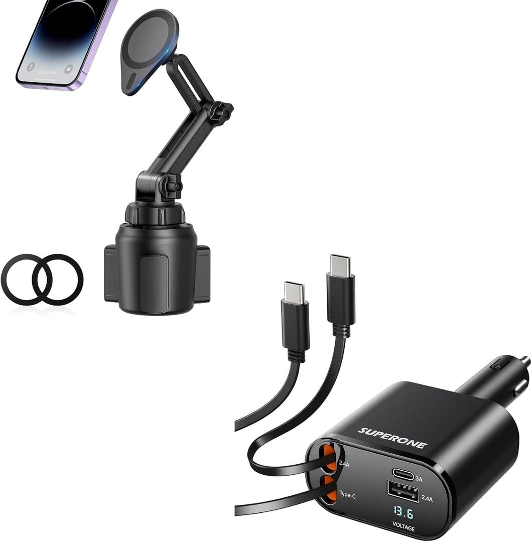Bundle SUPERONE for Fast Charge Retractable Car Charger with Dual Type C Car Charger Cords & Magnetic Cup Holder Phone Holder