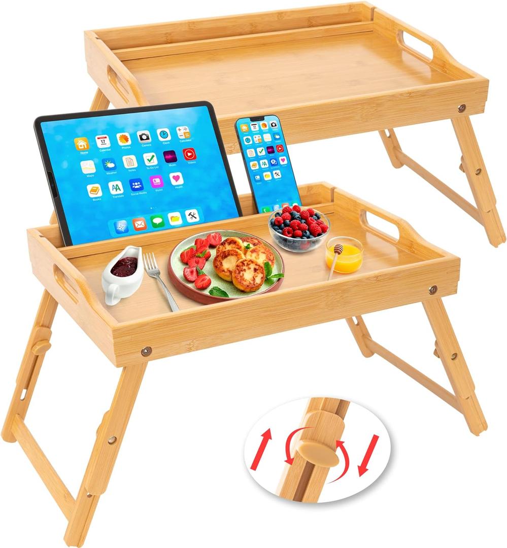 Greenual 2 Pack Bed Tray Table with Handles Folding Legs, Bamboo Breakfast Food Tray with Media Slot, Use As Platter, Laptop Desk, Snack, TV Tray Kitchen Serving Tray(Natural)
