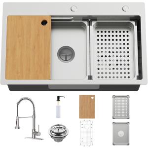 29.5x17.7In Kitchen Sink Workstation-Stainless Steel Drop In Single Bowl Double-Ledge Topmount All-in-one Workstation Sink With Faucet,Colander,SS Grid,Cutting Board,Cup Washer,Soap Dispenser