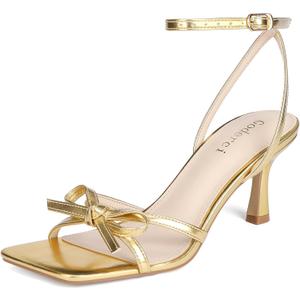 Goderci Kitten Heels with Bow Strappy Heels for Women Square Open Toe Mid Heeled Sandals (8, Gold)