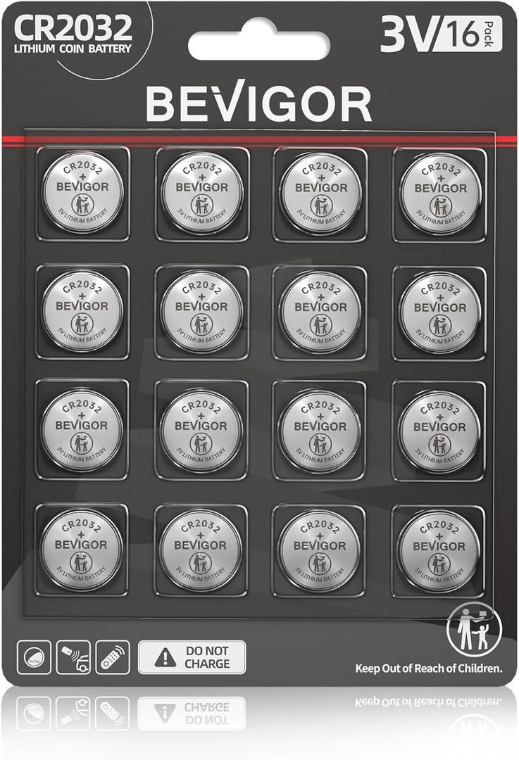 BEVIGOR 2032 Battery Compatible with AirTag CR2032 Lithium 3V Coin Battery for Child Safety, Suitable for Key Fobs, Smart Sensors, Scales, Candles and More (CR2032-16P) 2 Pack