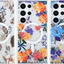 AIGOMARA Magnetic for Samsung Galaxy S24 Ultra Case [Compatible with MagSafe] Clear Floral Flower Pattern Design, Slim Anti-Yellowing Shockproof Phone Cover for Women Girls, Brown