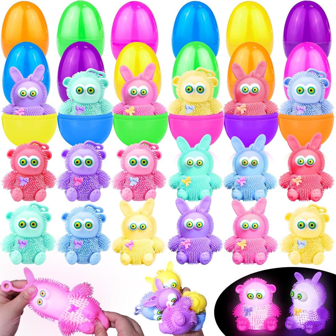 3 x 12Pack 4" Easter Eggs Prefilled Bunny Monkey LED Puffer Balls Easter Egg Fillers, Light Up Squeeze Sensory Ball Fidget Toys Easter Eggs Hunts Party Favors, Easter Basket Stuffers Teens enns Boys Girls