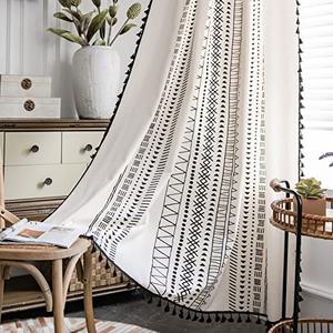 Sutuo Home Boho Curtain 92 Inches Length for Bedroom, Printed Cotton Linen Geometry Rod Pocket Chic Semi Blackout Bohemian Tassels Window Treatment for Living Room, 2 Panel 52" W x 92" L, Black