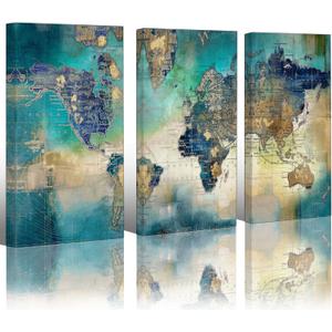 Pogusmavi Canvas Wall Art for Living Room - World Map Wall Decor - Large Wall Art for Bedroom - Office Artwork - Map Wall Art 16"x32" 3 Piece Canvas Wall Art