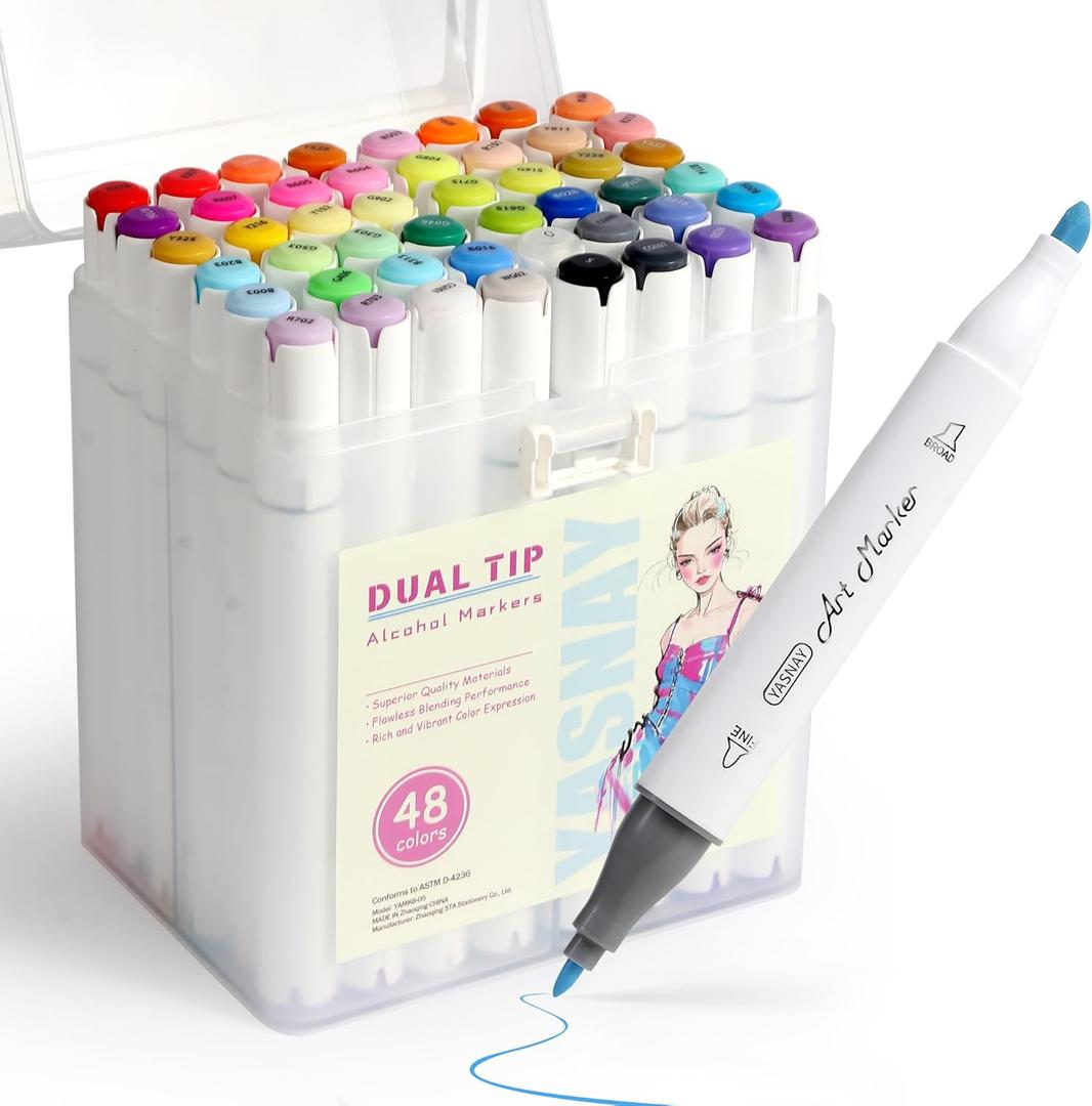 YASNAY Alcohol Markers, 48 Colors Dual Tip Art Marker, Drawing Markers, Coloring Marker for Sketching Adult Coloring (Carrying Case 48 Colors)