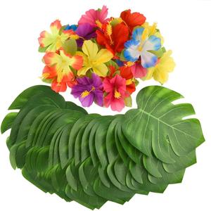 KUUQA 60 Pcs Tropical Party Decoration Supplies 8" Palmtera Hibiscus Leaves and Flowers, Simulation Leaf for Hawaiian Luau Party Jungle Beach Theme Table Decorations