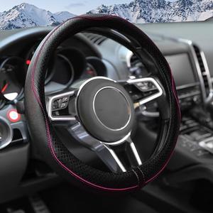 UNLRAE Steering Wheel Cover,Car Accessories 14.5-15 Inch Leather Steering Wheel Cover,Anti-Slip Breathable Microfiber Leather Covers,Warm in Winter and Cool in Summer,Fit for Suvs (Black-Pink)