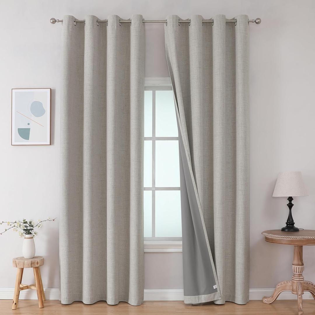 Joydeco Greyish White Curtains for Bedroom 2 Panels Set, Faux Linen Textured 100% Blackout Curtains 2 Panels Set Thermal Insulation Drapes, Grommet Room Darkening Drapes for Living Room