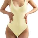 SUUKSESS Women Sexy Scoop Neck Thong Bodysuit Backless Cami Bodysuit Top (Large, Pale Yellow)
