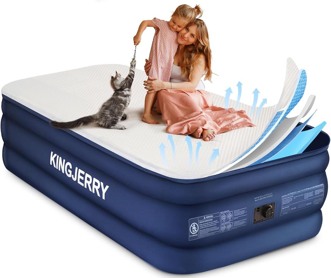 KINGJERRY Twin XL Air Mattress with Built-in Pump, 18" Raised Foam Topper Inflatable Mattress, 80" Length, Washable Silk-Feel Cover, 48Hr Leak-Proof, Supports 500lbs, 2 Min Fast Inflate for Home&Guest, Twin XL 18in