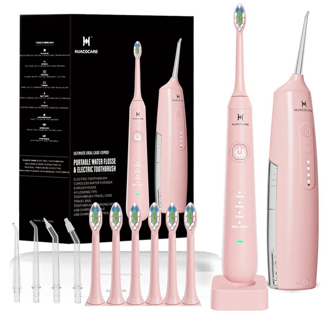 2-1 Oral Clean Kit- Water Dental flosser & Electric Toothbrush Combo- Brushing & Flossing- for Teeth Cleaning and Gum Health (Pink)