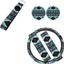 FKELYI 6 Packs Car Steering Cover Southwestern Tribal Steering Wheel Wrap+Blue Aztec Seat Belt Pads+Absorbent Cup Coaster Pads+Auto Keychain Holder