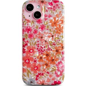 Qokey Compatible for iPhone 15 Case 6.1 inch,Cute Clear Flowers Design for Women Shell Pattern Soft Bumper Lightweight Slim Fit TPU Shockproof Phone Cover for iPhone 15,Pink Floral