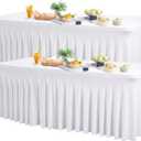 2 Pack White Spandex Table Clothes for 6 Foot Rectangle Tables, 6FT Wrinkle Free Fitted Tablecloths Ruffles Design Table Cover for Party, Banquet, Wedding and Events