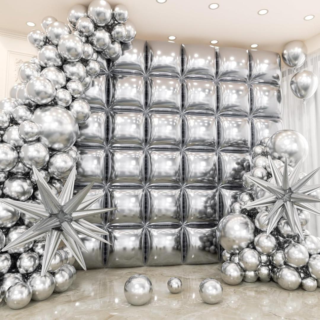 36pcs Metallic Silver Square Foil Balloons Wall Backdrop with 79pcs Balloon Garland Arch Kit, Double Sided Balloon for Bachelorette Baby Shower Birthday Anniversary Graduation Party Decorations
