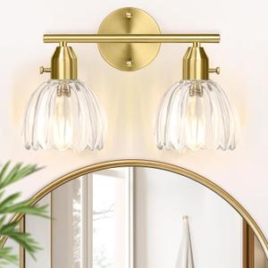 Bathroom Light Fixtures, 2-Light Gold Vanity Light for Bathroom with Clear Tulip Glass Shade, Vintage Brass Wall Lighting Fixture Over Mirror, Vanity Wall Lamp for Bedroom Living Room Hallway