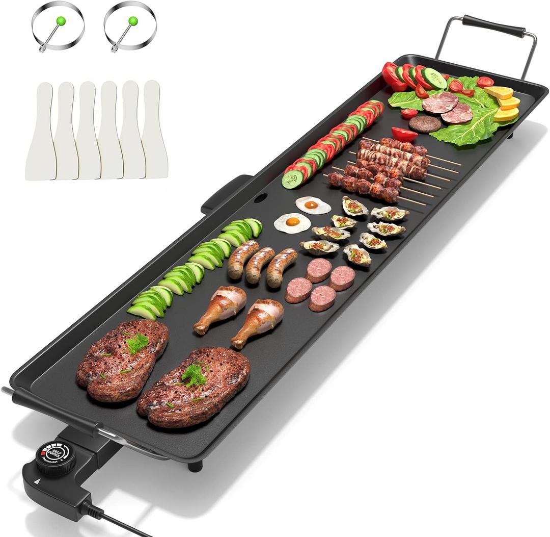 35" Electric Griddle Teppanyaki Grill, Nonstick Extra Large Cooking Plate for Pancake Barbecue, Indoor Outdoor Table Top Grill with Adjustable Temperature & Drip Tray, 2000W