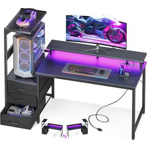 AODK 52 Inch Gaming Desk with USB Charging Ports & LED Light- Reversible Computer Desk with Storage Shelves & Monitor Stand, Modern Gamer Desk Table with Fabric Drawers, Black