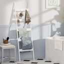 Blanket Ladder, 5-Tier Towel Holder with 4 Removable Hooks, Farmhouse Wall Leaning Decorative Rack Shelf, Wooden Towel Display Rack, Quilt Ladder for Living Room, Bedroom, White