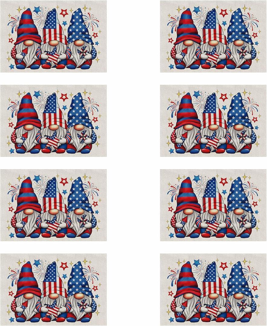 4th of July Placemats Set of 8 Gnome Patriotic America Memorial Day Independence Day Dining Table Decoratios Table Mats Cloth Placemats 12X18 Inch