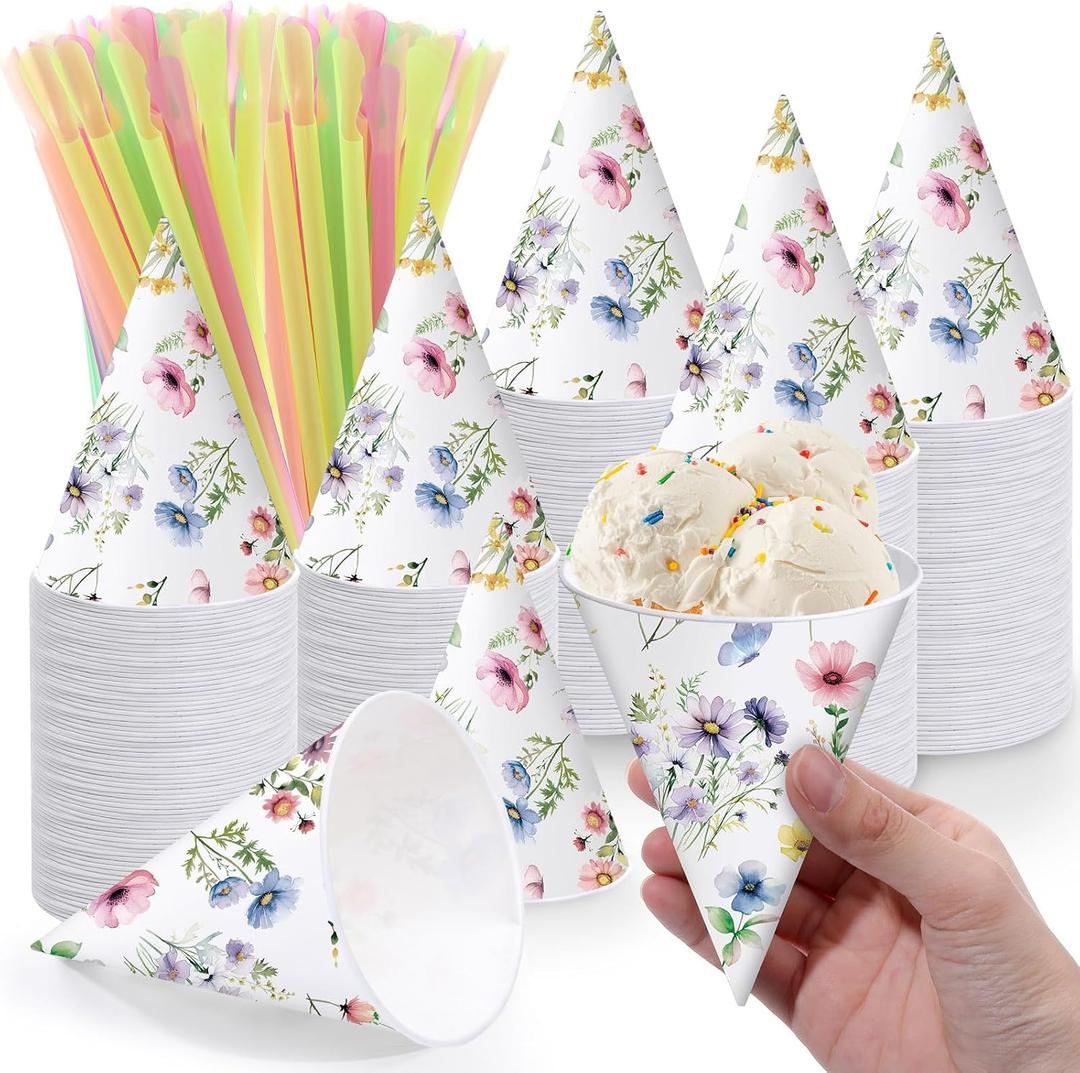 2 x Willinglong 50 Sets Wildflower Snow Cone Cups and Straws 6 oz Vintage Flower Shaved Ice Cream Cups for Slush Shaved Ice Cream Water Cooler Disposable Paper Funnel for Bridal Baby Shower Birthday Party