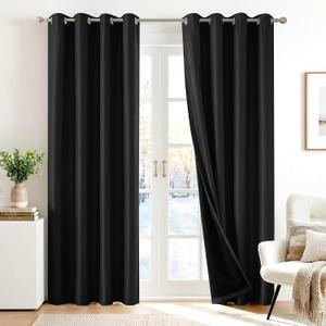 Deconovo 100% Blackout Curtains with Black Liner, Thermal Insulated NoiseReducing Grommet Drapes, DoubleLayer Room Darkening for Bedroom, Nursery, Home Office, 2 Panels, Black, 52W x 84L