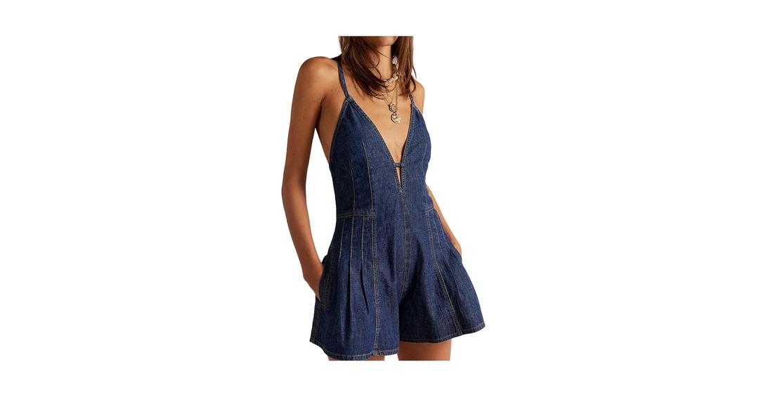Yoawdats Women Spaghetti Strap Denim Romper Sleeveless V Neck Backless Tie-Up Jean Short Jumpsuits Y2k Ruffle Jean Overalls L