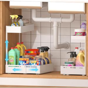 REALINN 2 Pack Expandable Under Sink Organizers and Storage, 2 Tier Under Cabinet Organizer, Heights Adjustable Pull Out Rack for Kitchen Bathroom Laundry, White