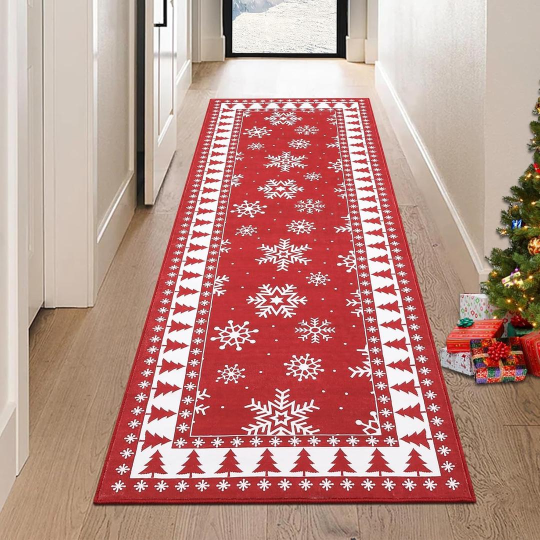 Christmas Runner Rug 2x8 Feet Snowflake and Xmas Tree Bordered Hallway Runner Rug Holiday Decorative Machine Washable Rug Stain Resistant Non-Slip Floor Carpet for Kitchen Laundry, Red