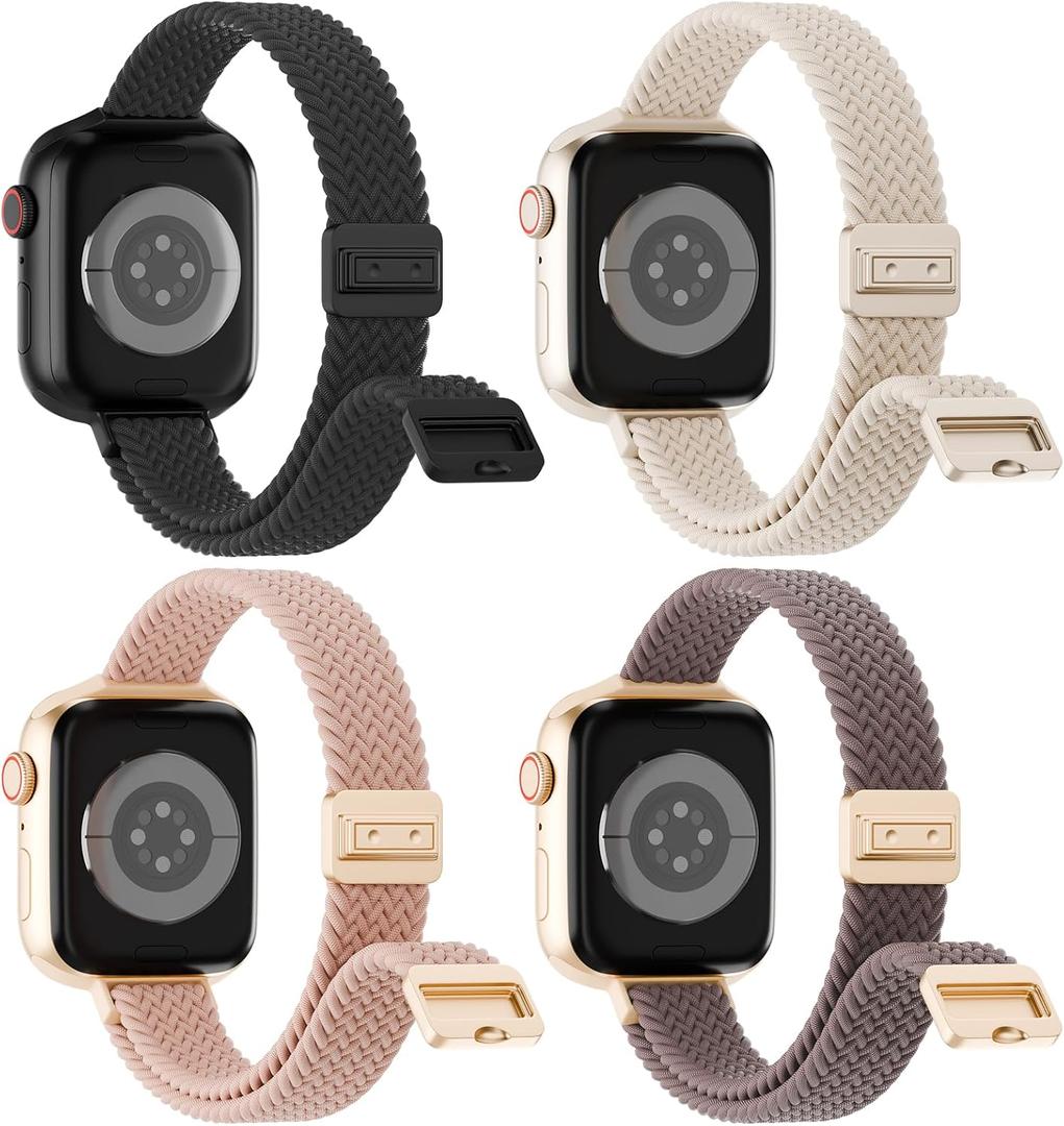 Slim Braided with Magnetic Clasp Compatible with Apple Watch Bands 42mm 44mm 45mm 49mm Women Men, Thin Elastic Nylon Loop Sport Strap for iWatch