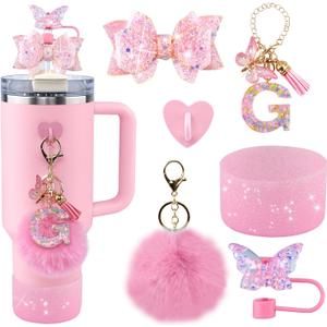 6Pcs Pink Stanley Cup Accessories Set - Butterfly Straw Topper Cover Cap, Bling Bow for Straw, Sparkly Silicone Boot, Letter Charm and Pompom for Stanley Cups Tumbler 40Oz 30Oz 20Oz G