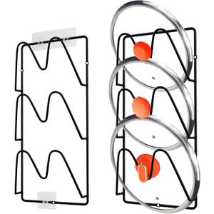2 Pack Pot Lid Organizer Rack, 6 Tier Hanging Pot Lids Holder Inside Cabinet Door, No Drilling Adhesive Wall Mounted Pan Lid Organizer, Kitchen Cooking Lid Storage Rack for Cupboard (Black)