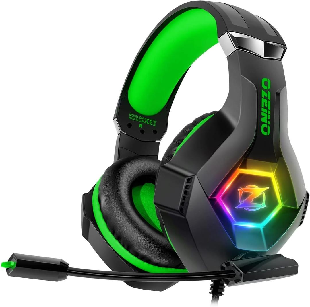 Ozeino Gaming Headset for PC, Ps4, Ps5, Xbox Headset with 7.1 Surround Sound, Gaming Headphones with Noise Cancelling Mic RGB Light Over Ear Headphones for Xbox Series X/S, Switch-Green