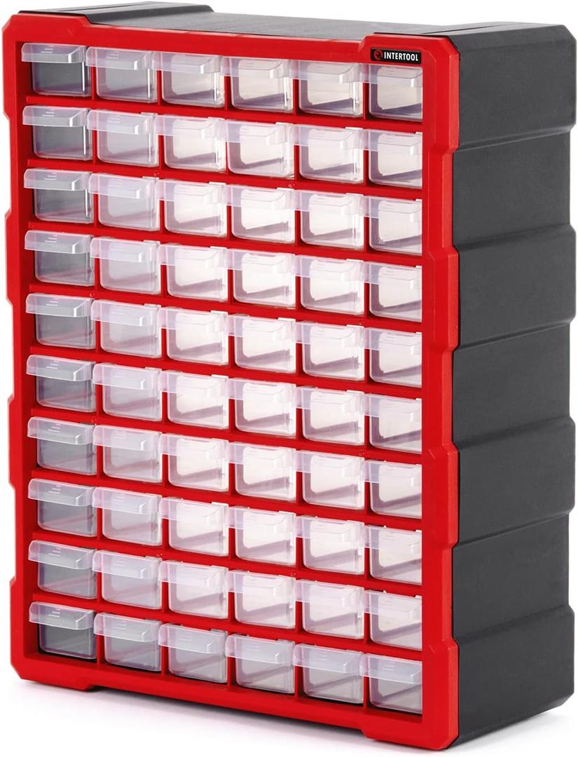 INTERTOOL Small Parts Organizer for Hardware & Screws | 60 Removable Bins with Dividers | Wall Mount or Desktop Craft & Lego Storage Cabinet | 19” x 15” x 7” BX08-4016