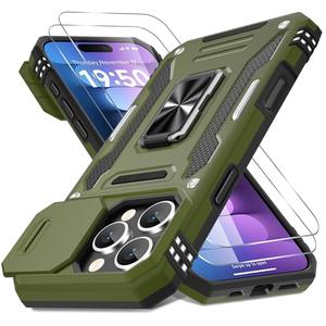 DEERLAMN Case for iPhone 16 Pro with Slide Camera Cover+Screen Protector(2 Packs), Rotated Ring Kickstand Military Grade Shockproof Protective Cover-Olive Green