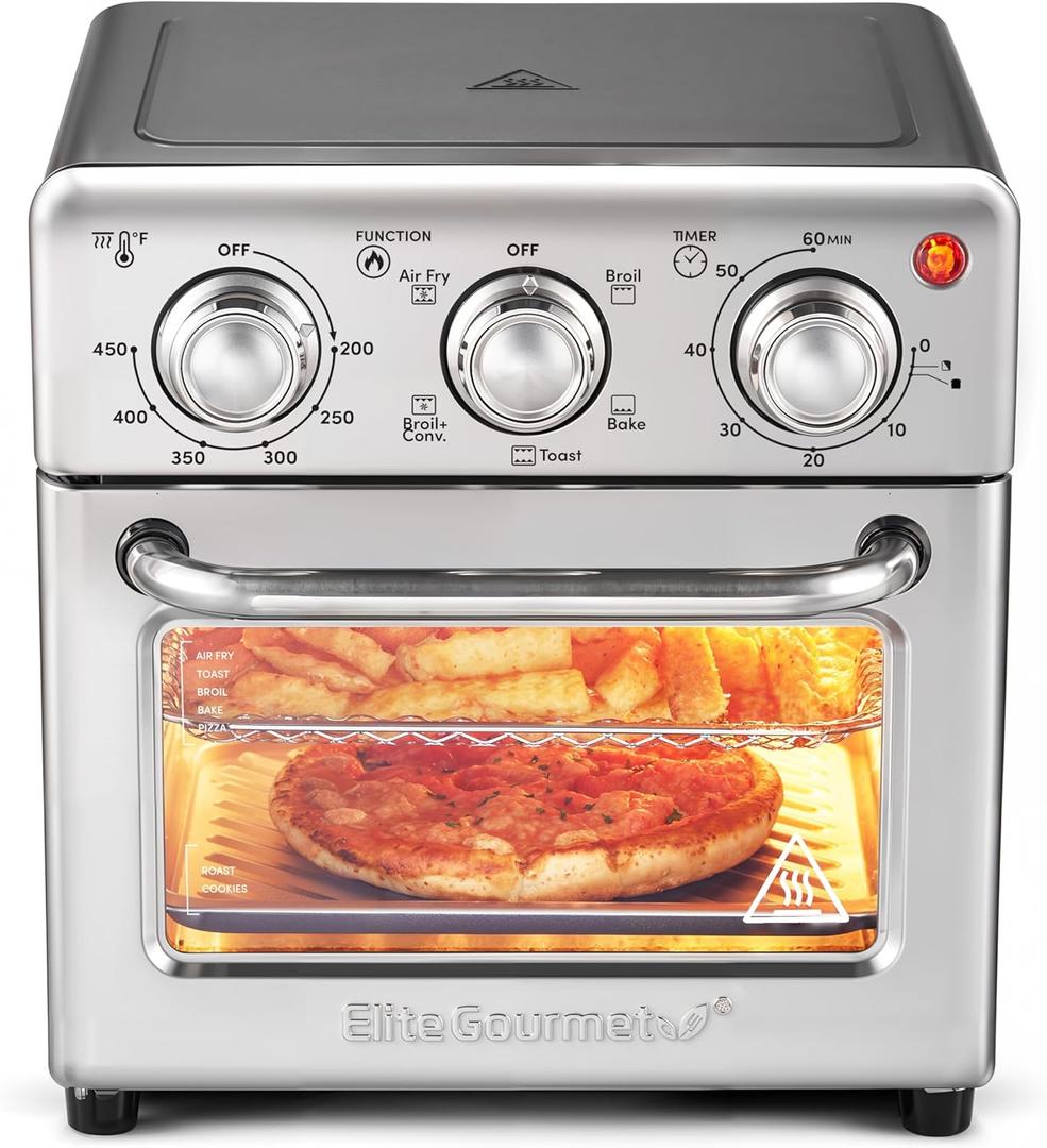 Elite Gourmet EAF0852SS 8.5Qt. Capacity Air Fryer Oven, Air Fry, Broil, Toast, Bake & Broil with Convection, Time and Temperature Controls, 800-Watts, Includes 25 Delicious Recipes, Stainless Steel