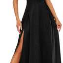 Formal Dress Elegant Evening Long Black Dress for Women Party V Neck High Slit Wedding Guest Dress (Large)