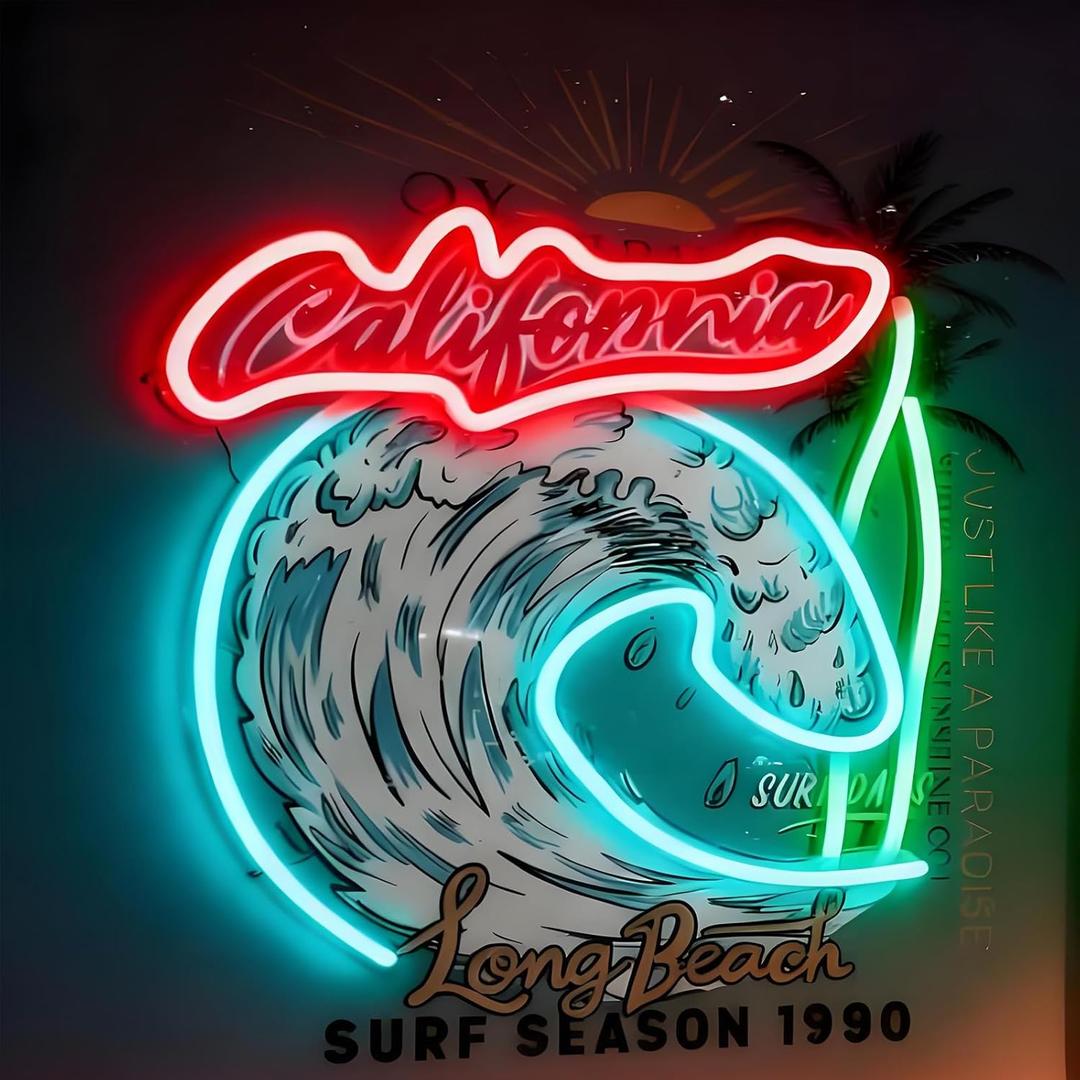 California Long Beach Surf Neon Sign, Beach Surfing Theme Neon Light, Coastal Home Room Bar Surf Club Gift Wall Table Decor, USB Powered Decorative Light 14.2 x 11.8 In