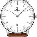 L LAVAREDO Watch for Men, Extremely Thin Mens Watches Minimalist Analog Men's Leather Wrist Watches with Time/Date, Birthday Gift for Men Boyfriend (05-BrownWhite)